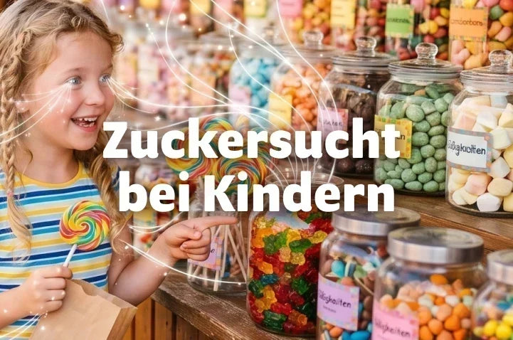 Mädchen mit zwei Lutschern in einem Süßwarenladen vor Gläsern voller Bonbons und Fruchtgummis; Text: „Zuckersucht bei Kindern“.