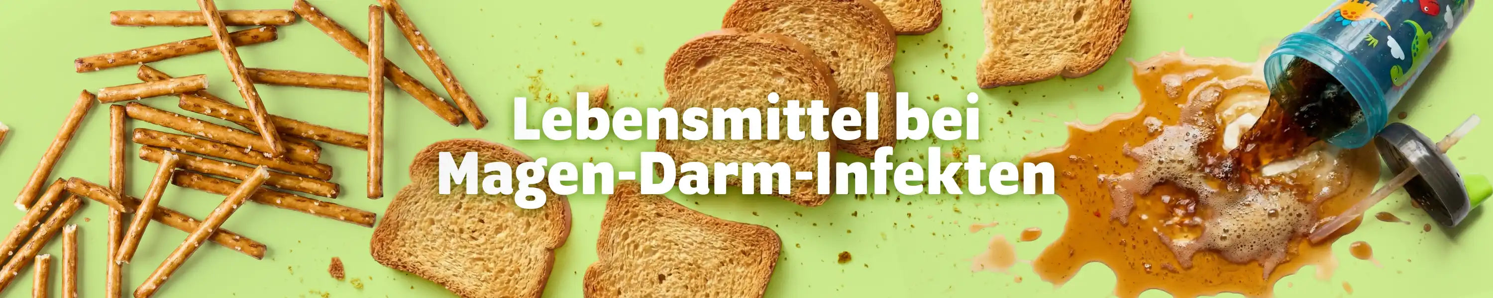 Lebensmittel bei Magen-Darm-Infekten: Salzstangen, Zwieback und umgekippte Cola auf grünem Hintergrund