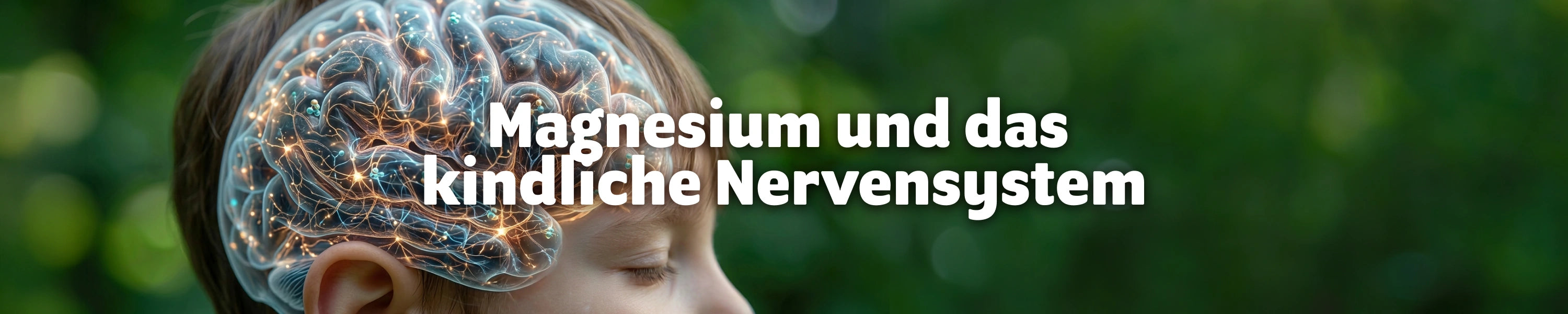 Kind im Profil mit visualisiertem Gehirn und aktiven Nervenzellen – Blogbeitrag über die Rolle von Magnesium für das Nervensystem von Kindern.