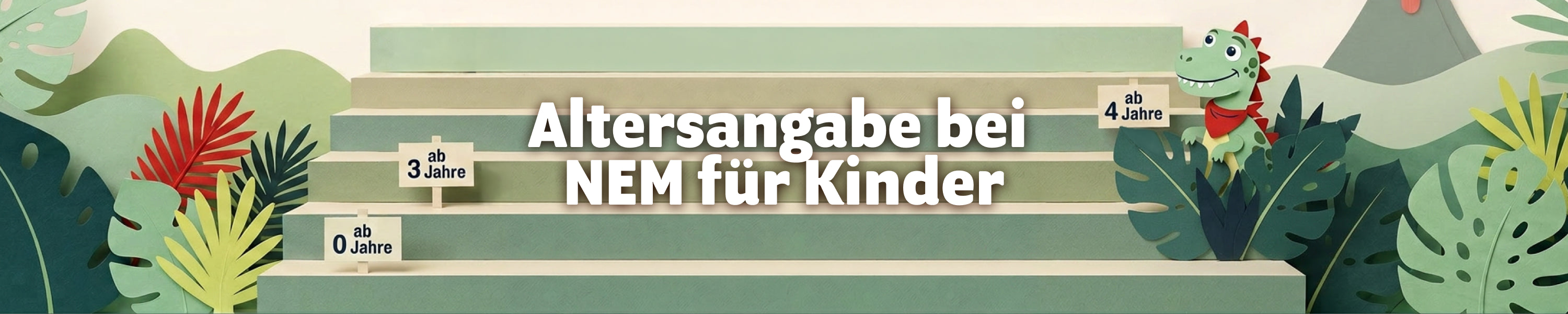 Illustration mit Dino und Treppenstufen zu Altersangaben bei Nahrungsergänzungsmitteln für Kinder ab 0, 3 und 4 Jahren.