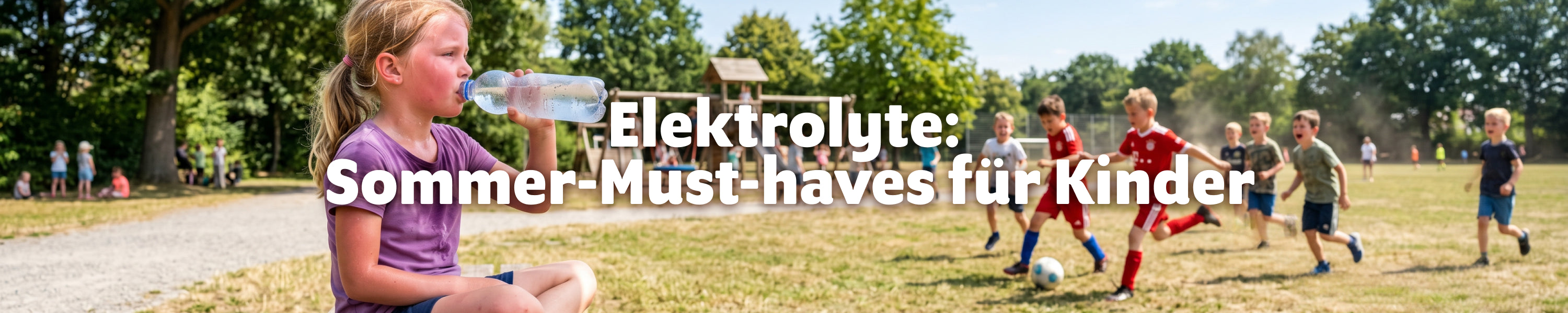 Kind trinkt Wasser während eines Fußballspiels auf dem Spielplatz und gleicht an heißen Sommertagen Flüssigkeits- und Elektrolytverluste aus.