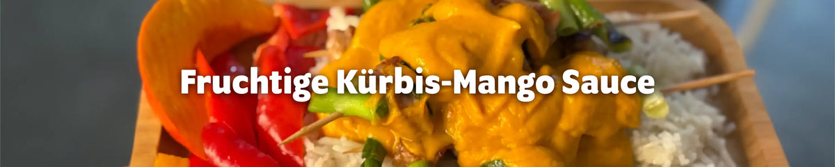 Kürbis-Mango-Sauce mit Hähnchenspießen, Reis, Paprika und Hokkaido-Kürbis