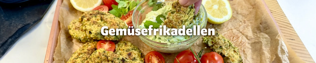 Selbstgemachte Gemüsefrikadellen mit Brokkoli, Tomaten und Avocado-Dip