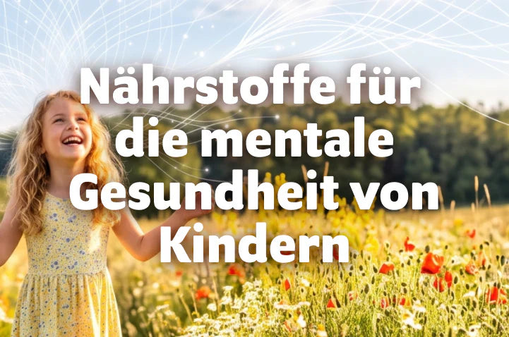 Lachendes Kind mit lockigem Haar auf einer Sommerblumenwiese, im Hintergrund abstrakte Nervenbahnen – Titelbild des Vitasauri-Beitrags über Nährstoffe und die mentale Gesundheit von Kindern