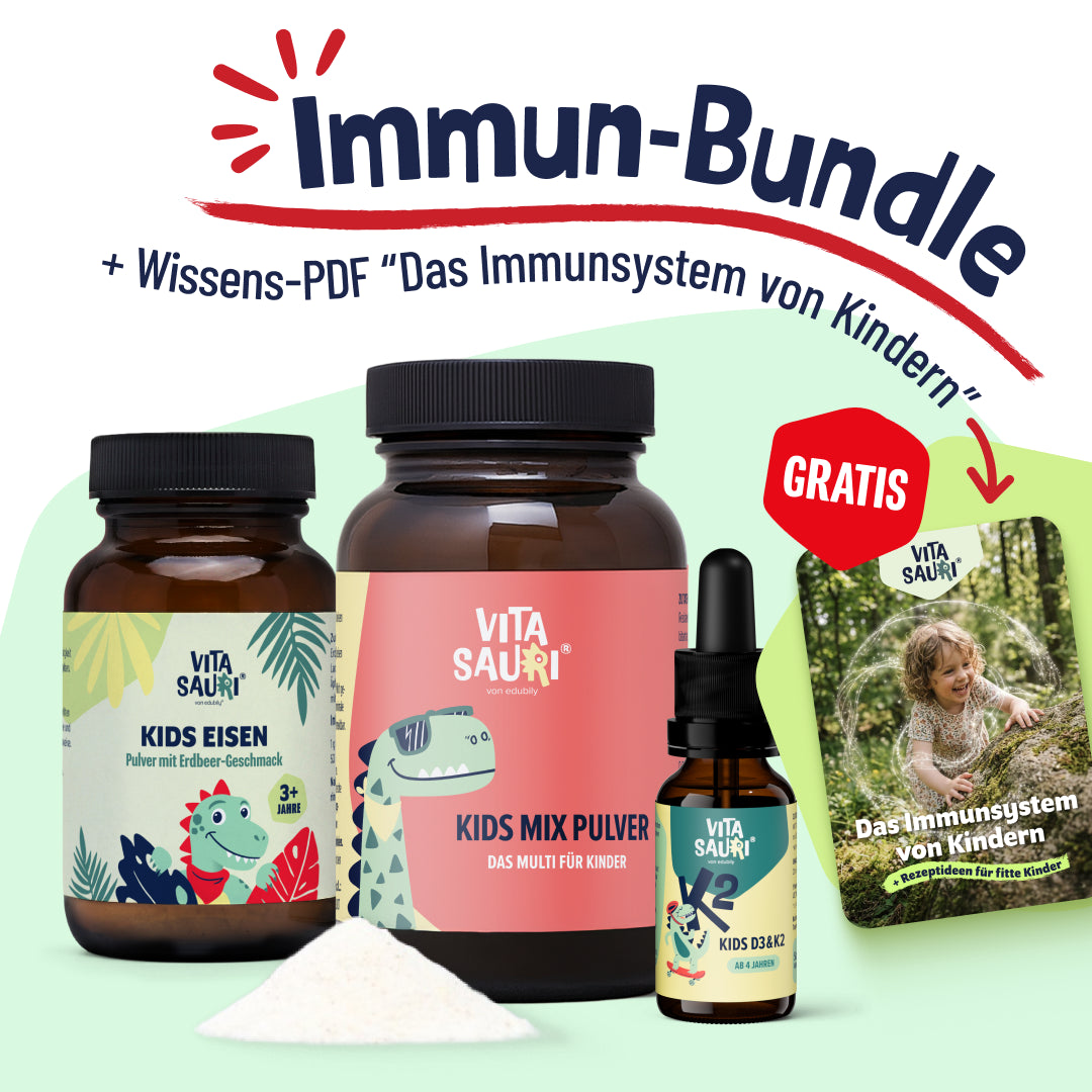 Inhalt des Immun-Bundles bestehend aus Kids Eisen, Kids Mix Pulver und D3 mit K2 sowie dem gratis PDF "Das Immunsystem von Kindern"