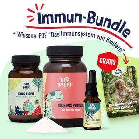 Inhalt des Immun-Bundles bestehend aus Kids Eisen, Kids Mix Pulver und D3 mit K2 sowie dem gratis PDF "Das Immunsystem von Kindern"