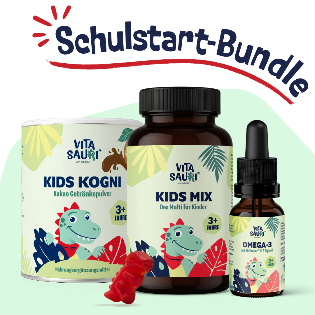 Vitasauri Schulstart-Bundle für Kinder mit Kids Kogni Trinkkakao, Kids Mix Multivitamin, Omega-3-Öl und Gummi-Dino.