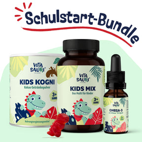 Vitasauri Schulstart-Bundle für Kinder mit Kids Kogni Trinkkakao, Kids Mix Multivitamin, Omega-3-Öl und Gummi-Dino.