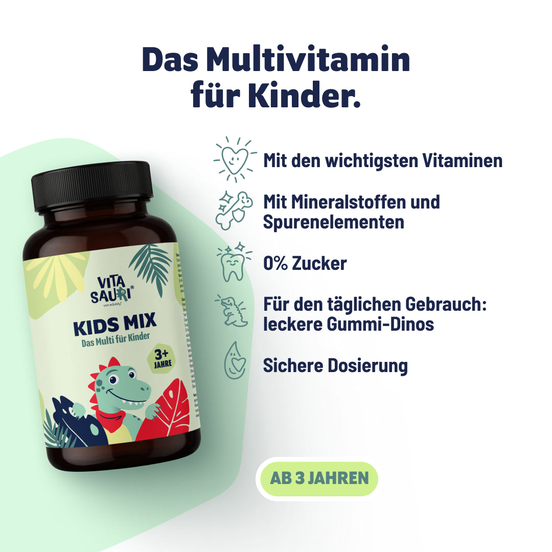 Vitasauri Kids Mix Multivitamin für Kinder ab 3 Jahren mit Vitaminen, Mineralstoffen und Spurenelementen als Gummi-Dinos.
