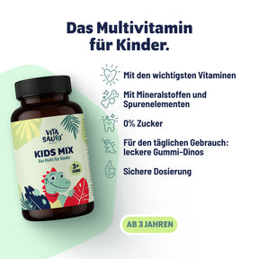 Vitasauri Kids Mix Multivitamin für Kinder ab 3 Jahren mit Vitaminen, Mineralstoffen und Spurenelementen als Gummi-Dinos.