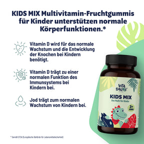 Vitasauri Kids Mix für Kinder mit Vitamin D und Jod zur Unterstützung von Wachstum, Knochen und Immunsystem.