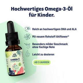 Vitasauri Omega-3-Öl für Kinder ab 3 Jahren mit DHA und ALA aus Ahiflower, mild im Geschmack und leicht zu dosieren.