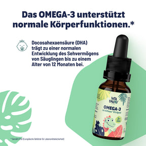 Vitasauri Omega-3-Öl mit DHA und ALA; Infografik zum Beitrag von DHA zur normalen Entwicklung des Sehvermögens.