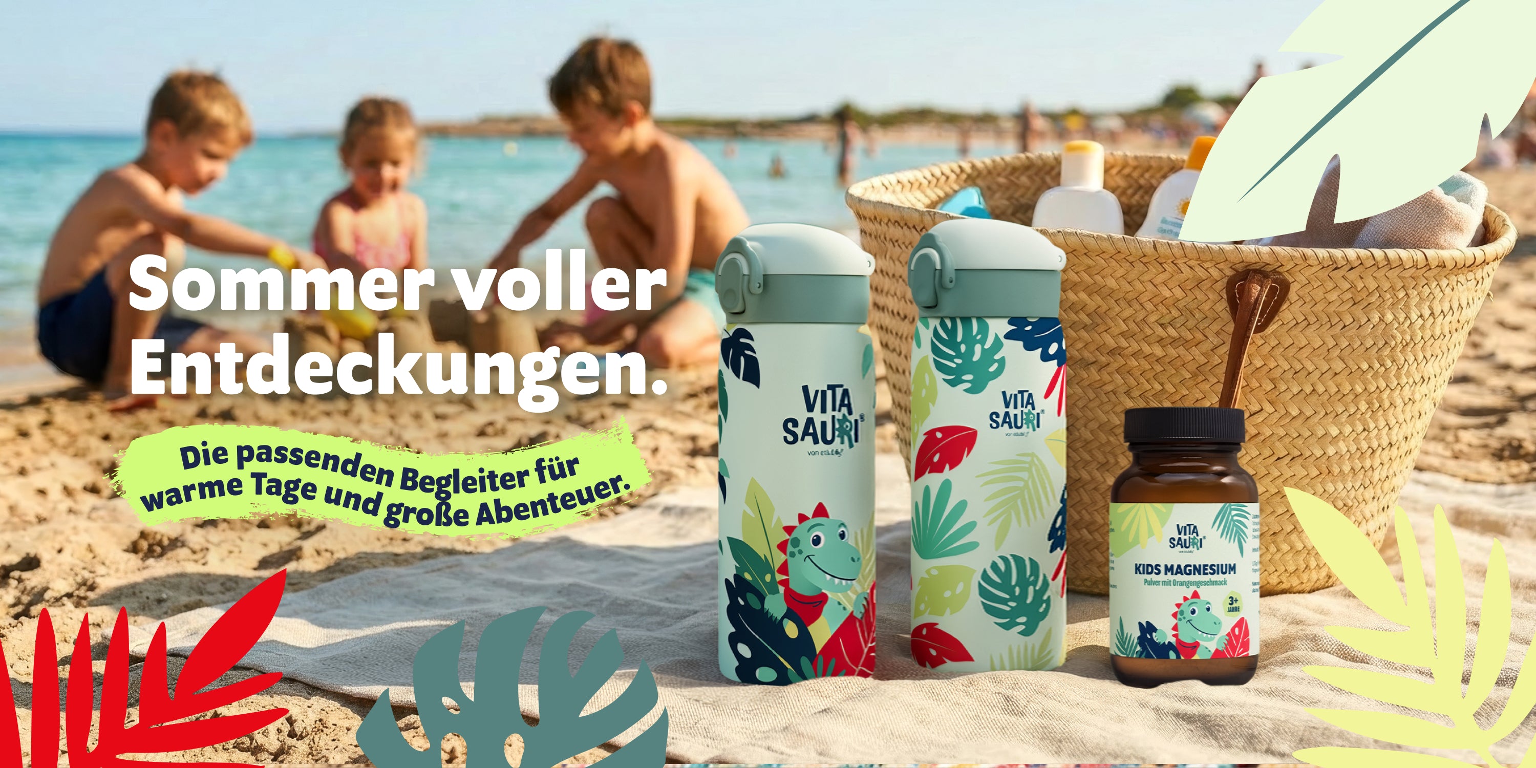 Sommer mit Vitasauri: Trinkflasche und Kids Magnesium als Begleiter für warme Tage