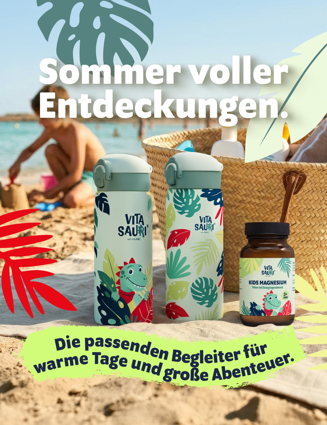 Sommer mit Vitasauri: Trinkflasche und Kids Magnesium als Begleiter für warme Tage