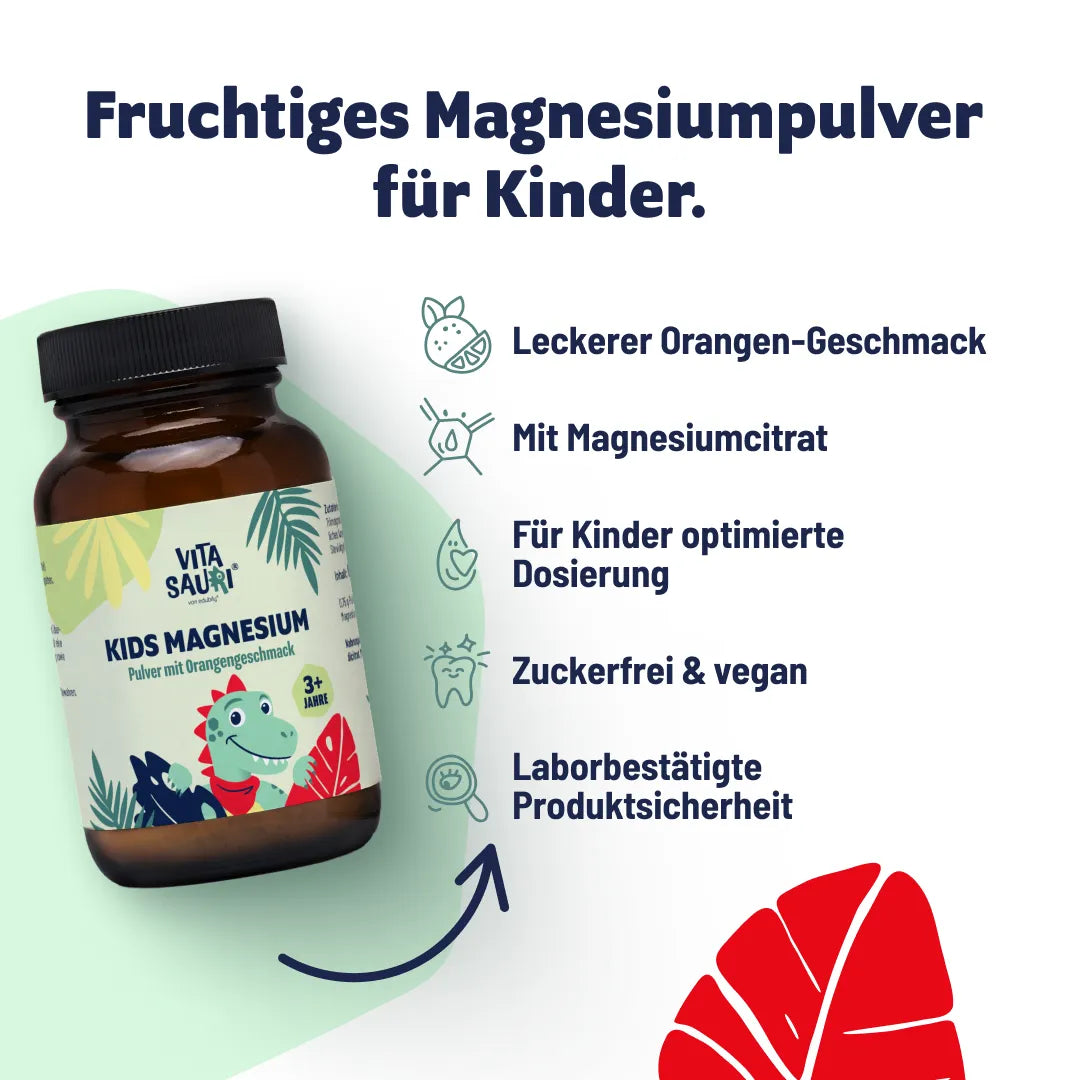 Vitasauri Kids Magnesium Pulver für Kinder mit Orangengeschmack und Magnesiumcitrat – zuckerfrei, vegan und kindgerecht dosiert