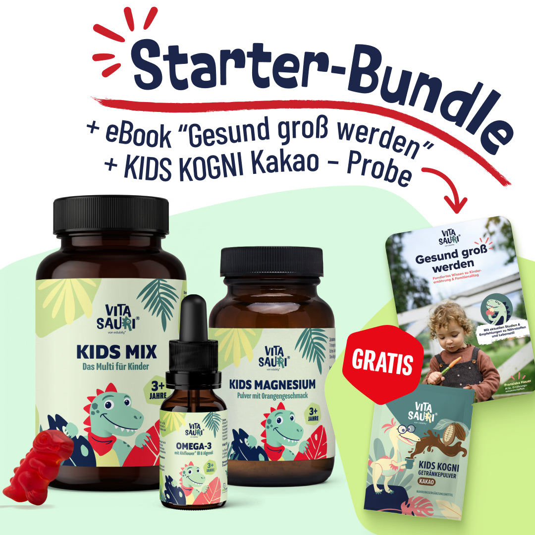 Das Vitasauri Starter Bundle bestehend aus KIds Mix, Omega 3, Magnesium, Kids Kakao Probe und dem E-Book "Gesund groß werden". 