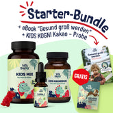 Das Vitasauri Starter Bundle bestehend aus KIds Mix, Omega 3, Magnesium, Kids Kakao Probe und dem E-Book "Gesund groß werden". 
