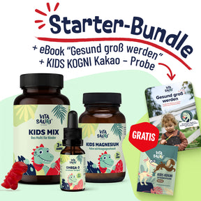 Das Vitasauri Starter Bundle bestehend aus KIds Mix, Omega 3, Magnesium, Kids Kakao Probe und dem E-Book "Gesund groß werden". 