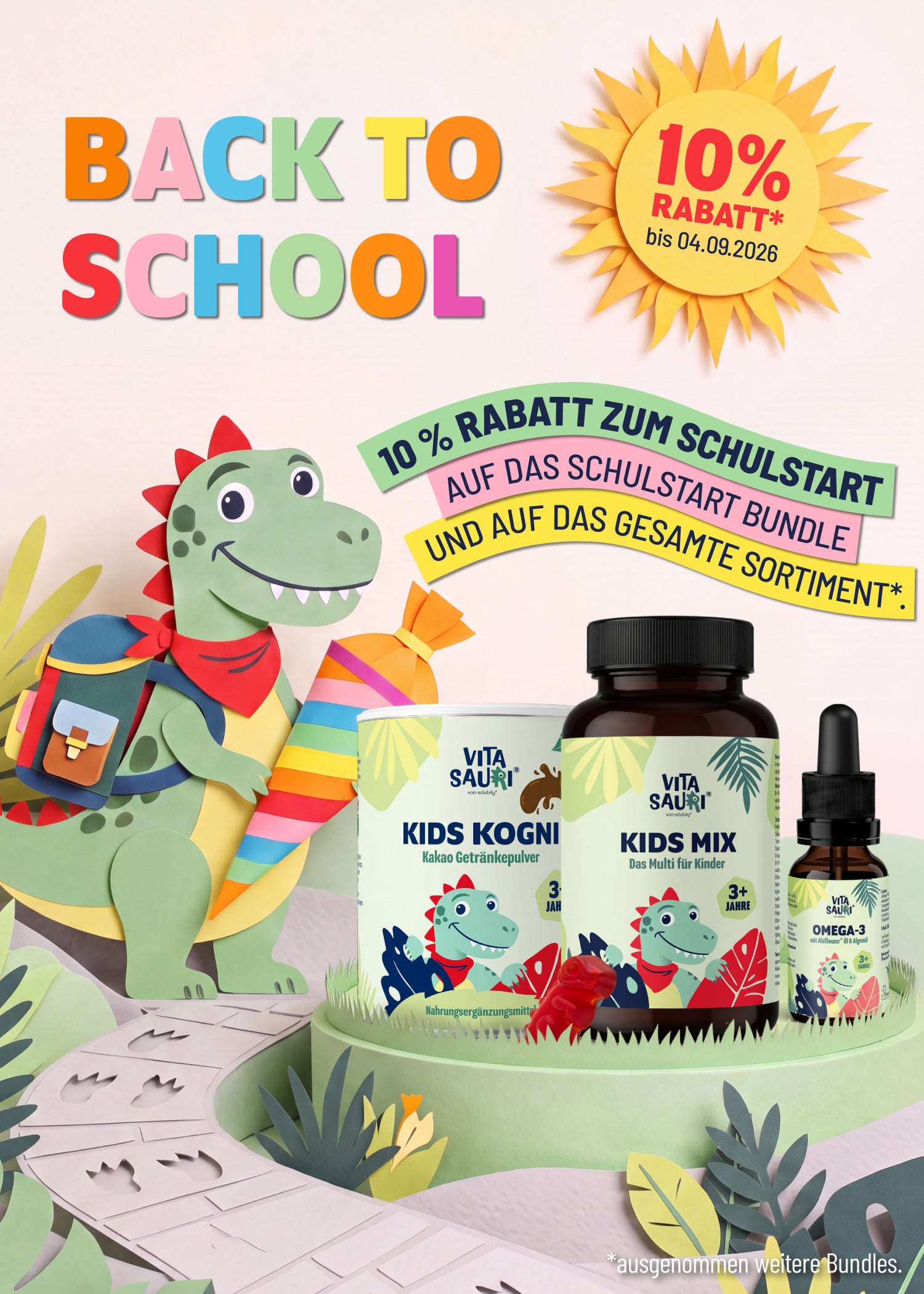 Vitasauri® Back to School Aktion: 10 % Rabatt auf Kinder-Nahrungsergänzungsmittel und das Schulstart-Bundle bis 04.09.2026.