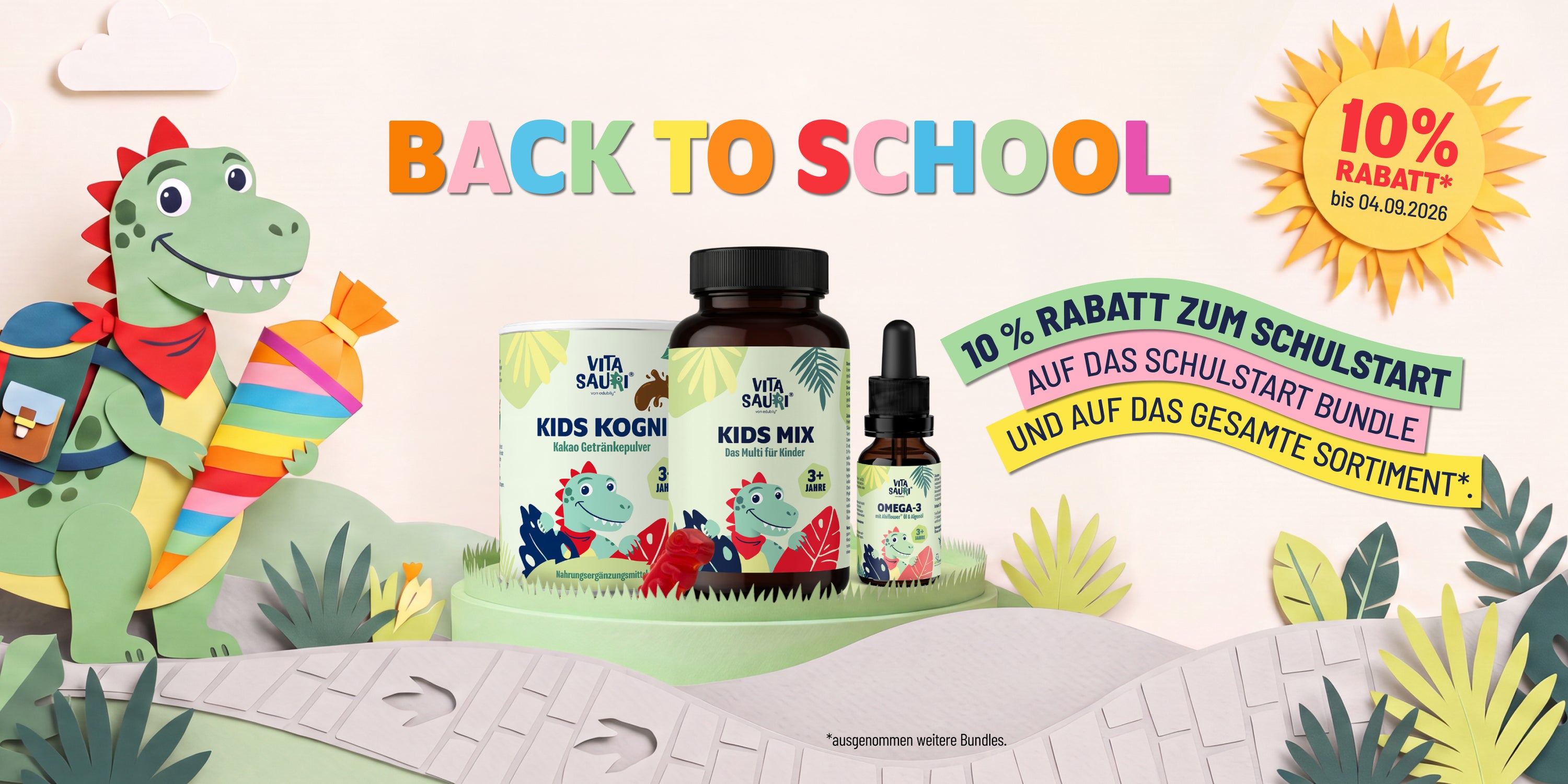 Vitasauri® Back to School: 10 % Rabatt auf das Schulstart-Bundle und das gesamte Sortiment bis 04.09.2026.