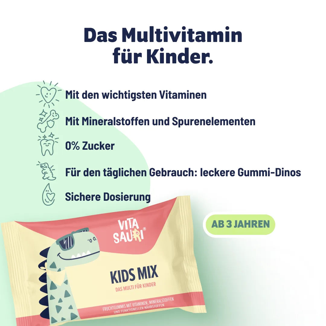 Vitasauri Kids Mix Multivitamin für Kinder ab 3 Jahren – zuckerfreie Gummi-Dinos mit Vitaminen, Mineralstoffen und Spurenelementen