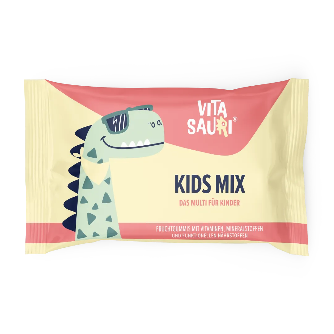 Vitasauri Kids Mix Multivitamin-Fruchtgummis für Kinder – Produktverpackung mit Vitaminen, Mineralstoffen und funktionellen Nährstoffen