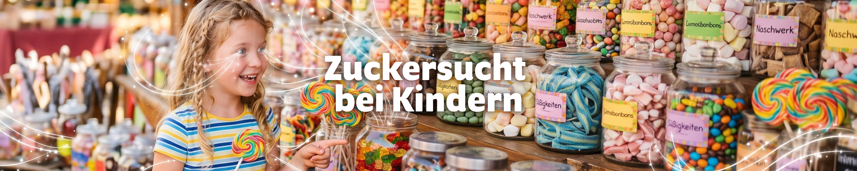 Mädchen mit zwei Lutschern in einem Süßwarenladen vor Gläsern voller Bonbons und Fruchtgummis; Text: „Zuckersucht bei Kindern“.